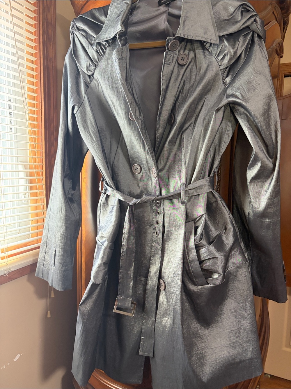 Saks Fifth Avenue Metallic Silver Trench Coat with Belt
